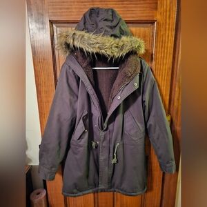 Olivw Green/Brown Hooded Coat with Faux Fur Trim Xl